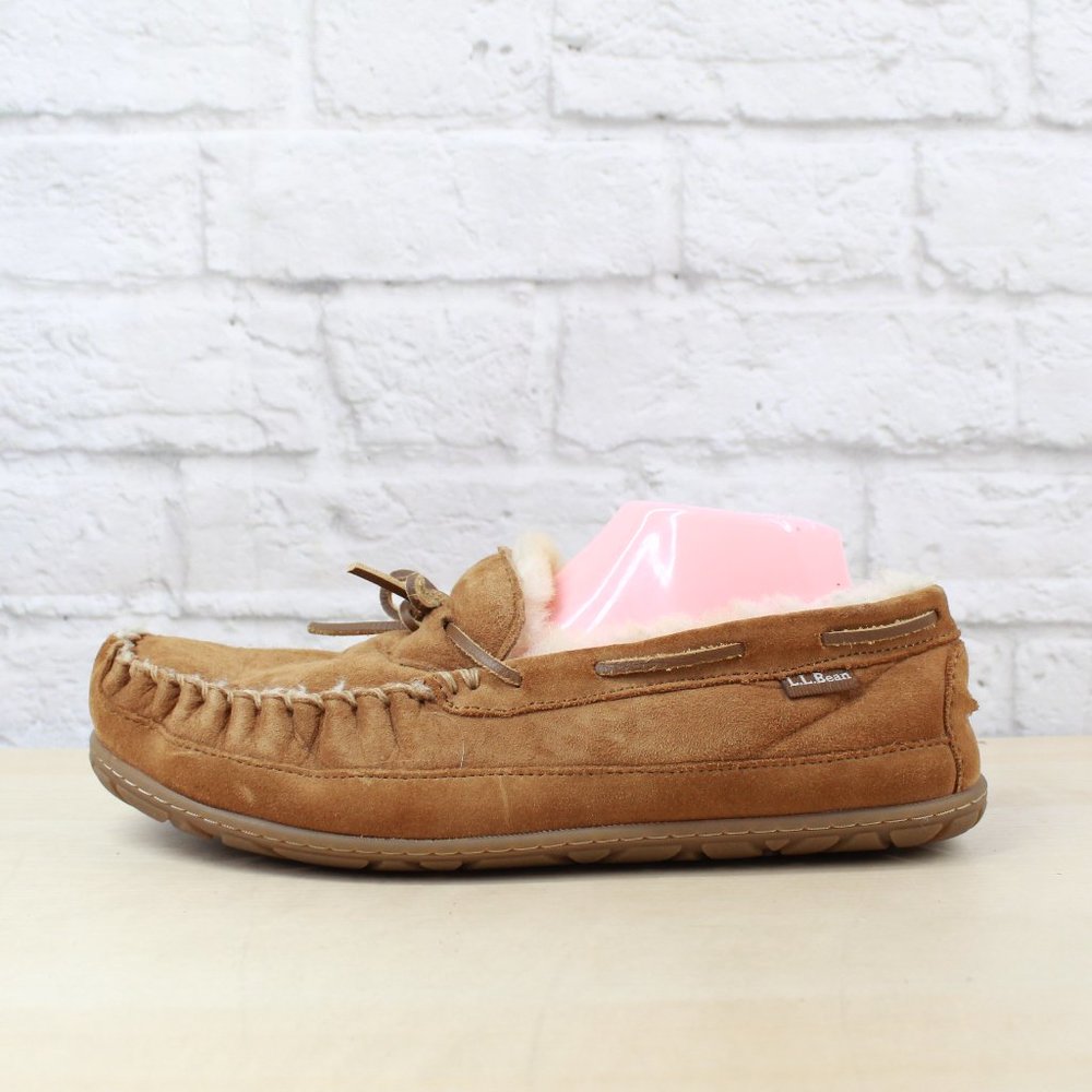 LL BEAN Wicked Good Moccasin Shearling Lined Slippers Brown Suede Size 10 W
